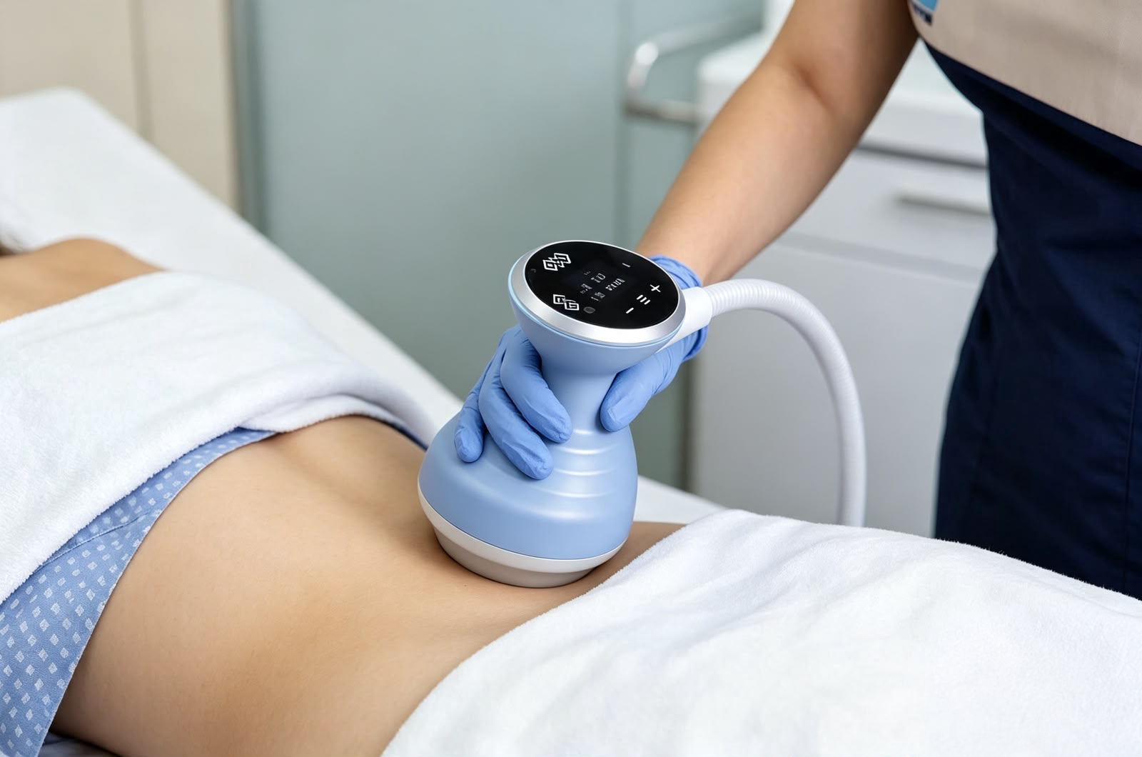 A clinician applying a shockwave therapy device during an abdominal treatment.