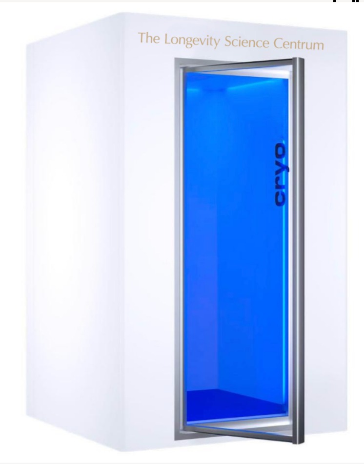 The white whole-body cryotherapy chamber at The Longevity Science Centrum, its door open to a blue-lit cabin.