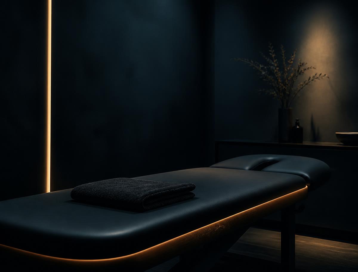 A dimly lit sports recovery treatment room at The Longevity Science Centrum, with a massage couch in warm low light.